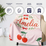 Cute Cherry Fruit Soft Pink Background Sweet Seamless Pattern Lovely  Personalised Custom Name Super Soft Fleece Blanket Bed Sofa Throw