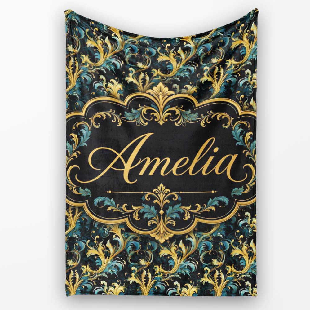 Elegant Blue Gold Flowing Acanthus Baroque Seamless Pattern Name  Personalised Custom Name Super Soft Fleece Blanket Bed Sofa Throw