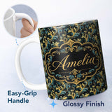 Personalized Custom Name Elegant Blue Gold Flowing Acanthus Baroque Seamless Pattern Name 11oz Ceramic Coffee Tea Mug White Large Handle