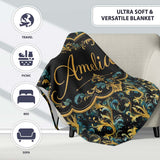 Elegant Blue Gold Flowing Acanthus Baroque Seamless Pattern Name  Personalised Custom Name Super Soft Fleece Blanket Bed Sofa Throw