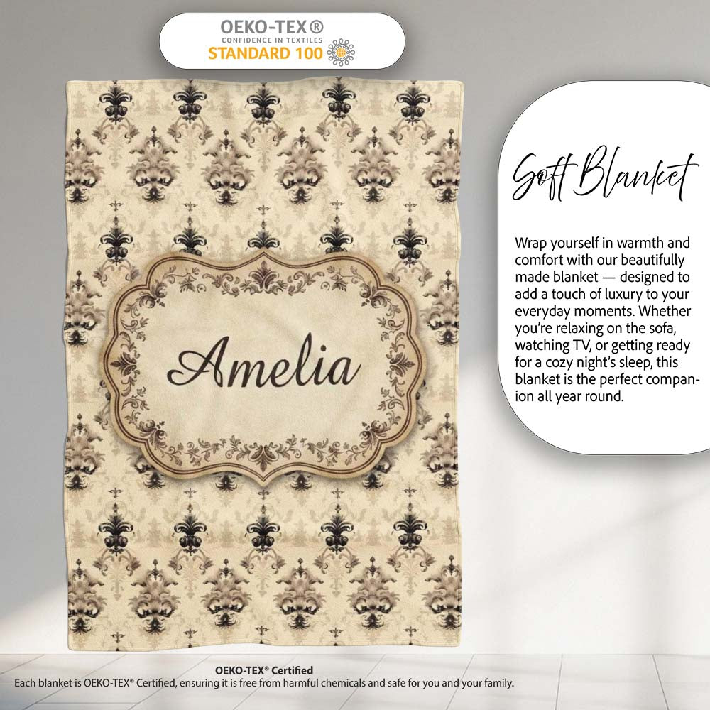 Soft Beige Vintage Floral Ornamental Damask Seamless Pattern Name  Personalised Custom Name Super Soft Fleece Blanket Bed Sofa Throw