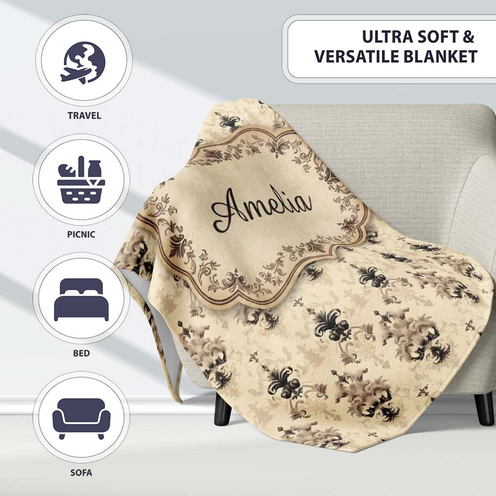 Soft Beige Vintage Floral Ornamental Damask Seamless Pattern Name  Personalised Custom Name Super Soft Fleece Blanket Bed Sofa Throw