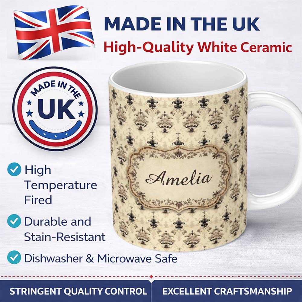 Personalized Custom Name Soft Beige Vintage Floral Ornamental Damask Seamless Pattern Name 11oz Ceramic Coffee Tea Mug White Large Handle
