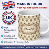 Personalized Custom Name Soft Beige Vintage Floral Ornamental Damask Seamless Pattern Name 11oz Ceramic Coffee Tea Mug White Large Handle