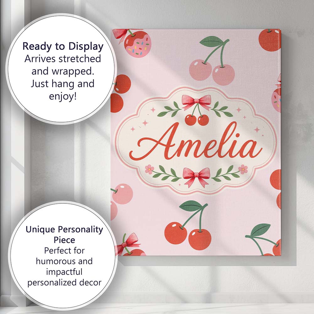 Personalised Name Cute Cherry Fruit Soft Pink Background Sweet Custom Modern Room Accent Canvas Wall Art Print Decor Picture Ready to Hang