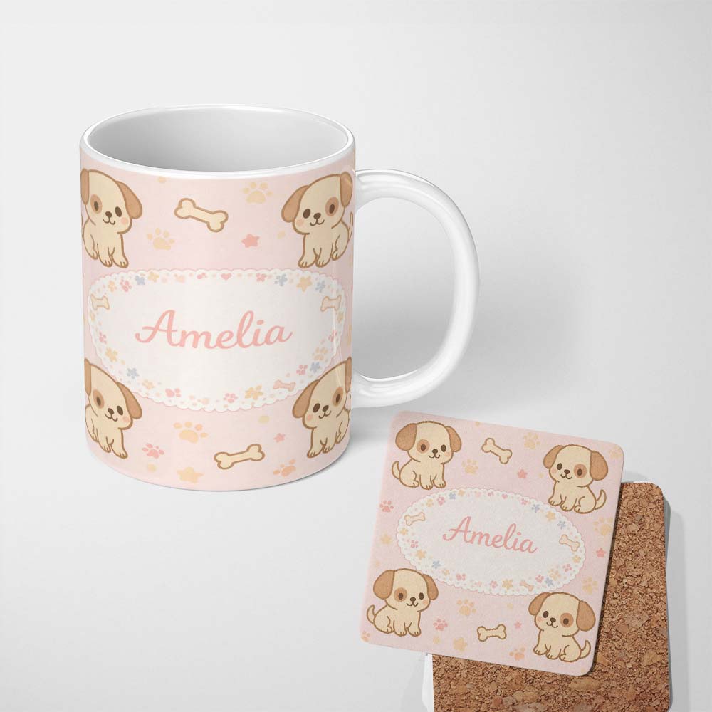 Personalized Custom Name Cute Puppy Dog Cartoon Animal Pattern Thoughtful Gift Idea Lovely 11oz Ceramic Coffee Tea Mug White Large Handle