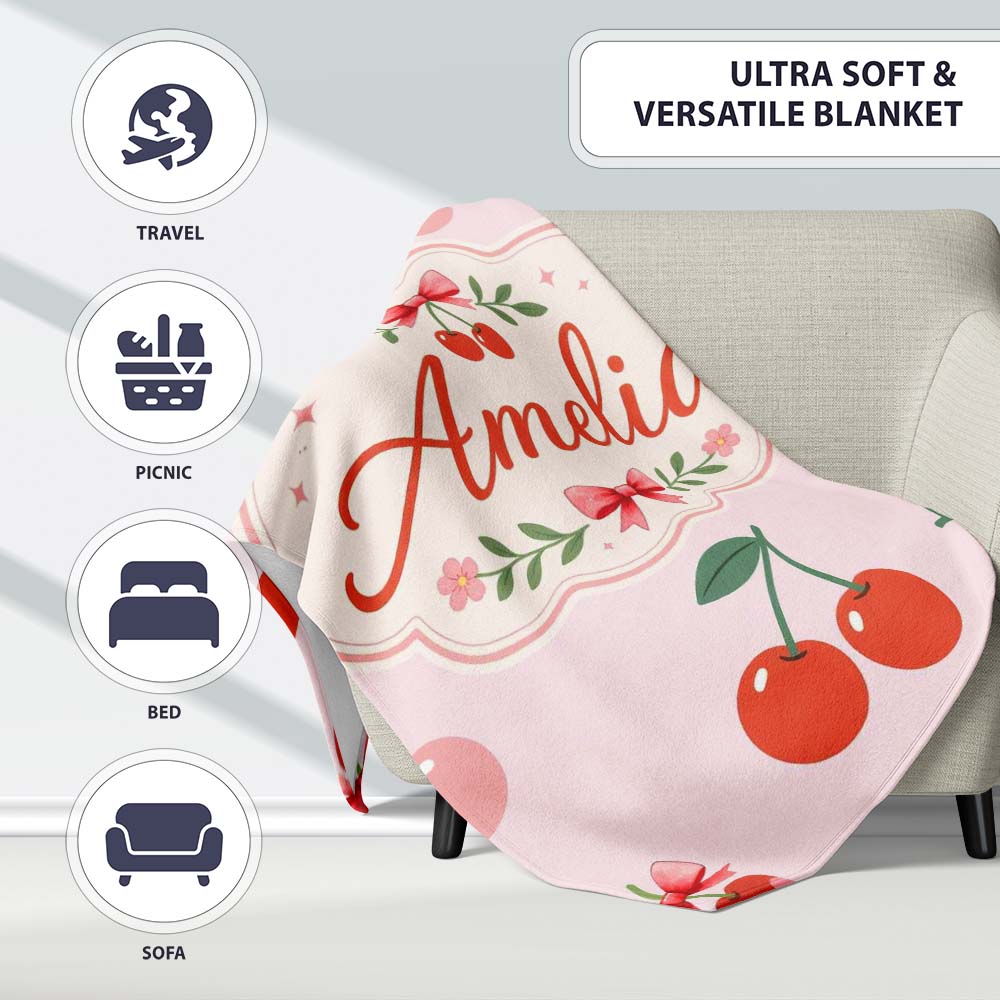 Cute Cherry Fruit Soft Pink Background Sweet Seamless Pattern Lovely  Personalised Custom Name Super Soft Fleece Blanket Bed Sofa Throw