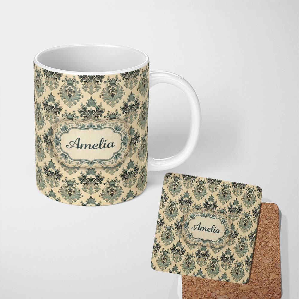 Personalized Custom Name Muted Sage Green Classic Ornate Damask Seamless Pattern Name Cute 11oz Ceramic Coffee Tea Mug White Large Handle