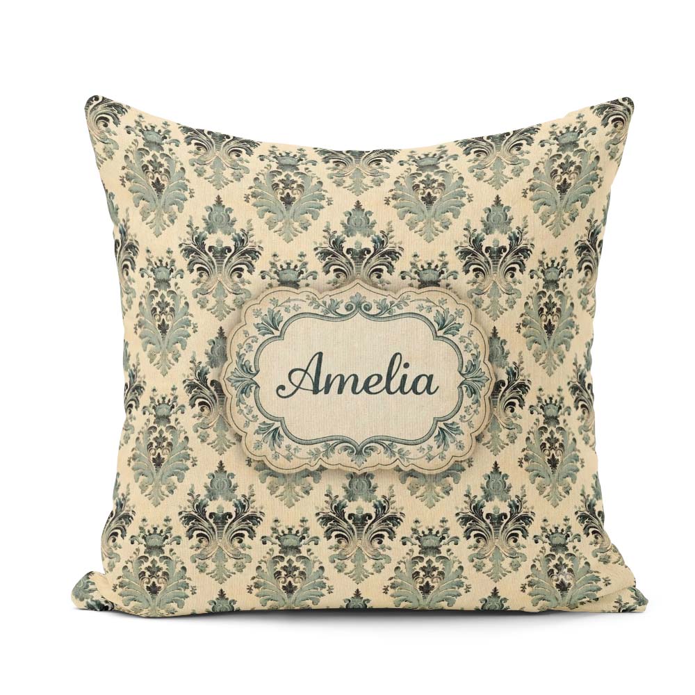 Custom Name Muted Sage Green Classic Ornate Damask Seamless Name Square Filled Cushion Throw Pillow Sofa Bed Home Decor Zip Washable UK Made