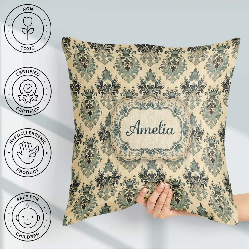 Custom Name Muted Sage Green Classic Ornate Damask Seamless Name Square Filled Cushion Throw Pillow Sofa Bed Home Decor Zip Washable UK Made