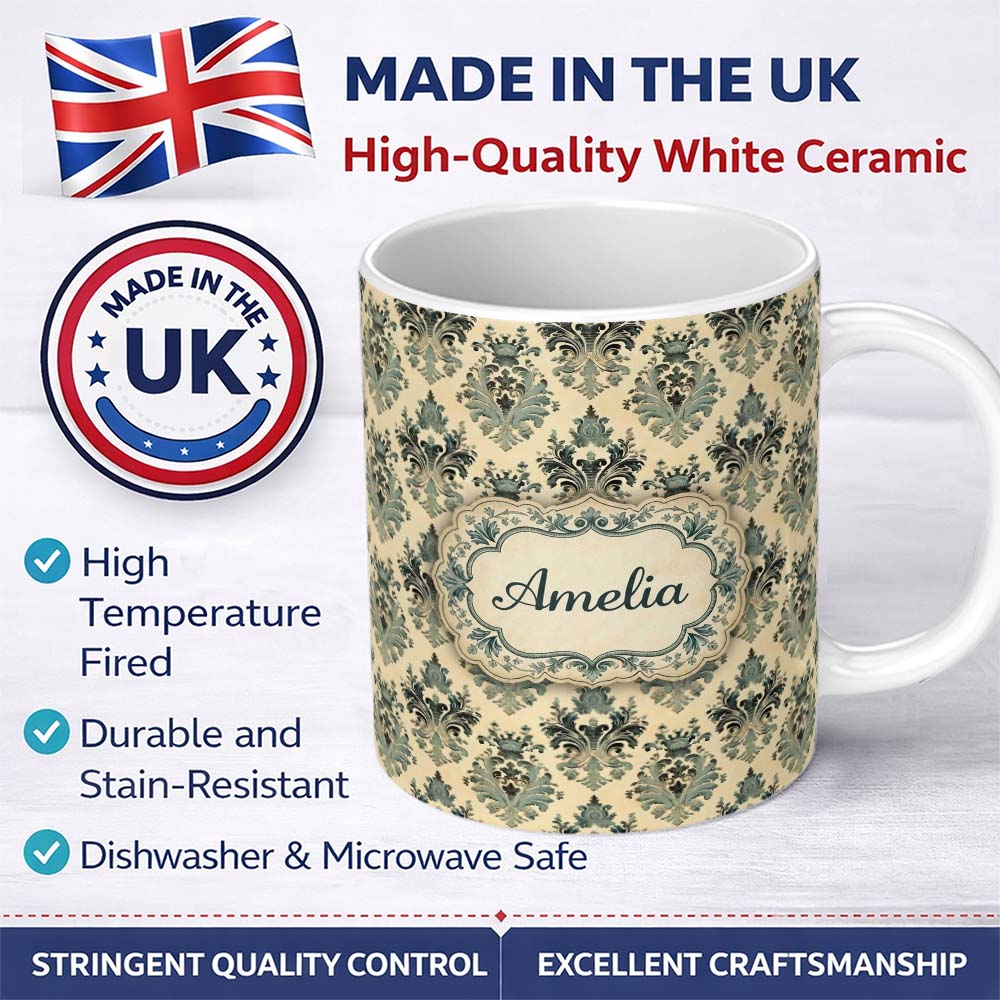 Personalized Custom Name Muted Sage Green Classic Ornate Damask Seamless Pattern Name Cute 11oz Ceramic Coffee Tea Mug White Large Handle
