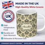 Personalized Custom Name Muted Sage Green Classic Ornate Damask Seamless Pattern Name Cute 11oz Ceramic Coffee Tea Mug White Large Handle