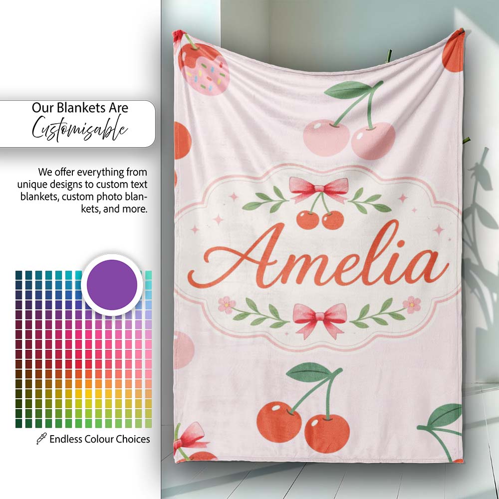 Cute Cherry Fruit Soft Pink Background Sweet Seamless Pattern Lovely  Personalised Custom Name Super Soft Fleece Blanket Bed Sofa Throw