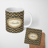 Personalized Custom Name Royal Blue Gold Luxury Baroque Ornamental Seamless Pattern Name Cute 11oz Ceramic Coffee Tea Mug White Large Handle