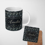 Personalized Custom Name Dark Gothic Distressed Black Damask Seamless Pattern Name Cute 11oz Ceramic Coffee Tea Mug White Large Handle