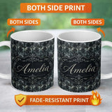 Personalized Custom Name Dark Gothic Distressed Black Damask Seamless Pattern Name Cute 11oz Ceramic Coffee Tea Mug White Large Handle