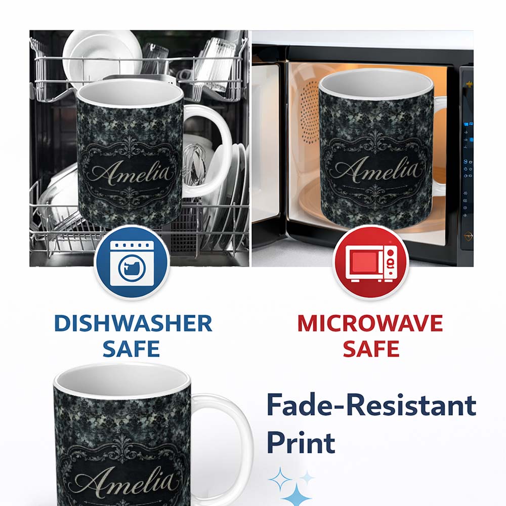 Personalized Custom Name Dark Gothic Distressed Black Damask Seamless Pattern Name Cute 11oz Ceramic Coffee Tea Mug White Large Handle