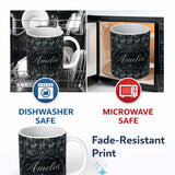 Personalized Custom Name Dark Gothic Distressed Black Damask Seamless Pattern Name Cute 11oz Ceramic Coffee Tea Mug White Large Handle