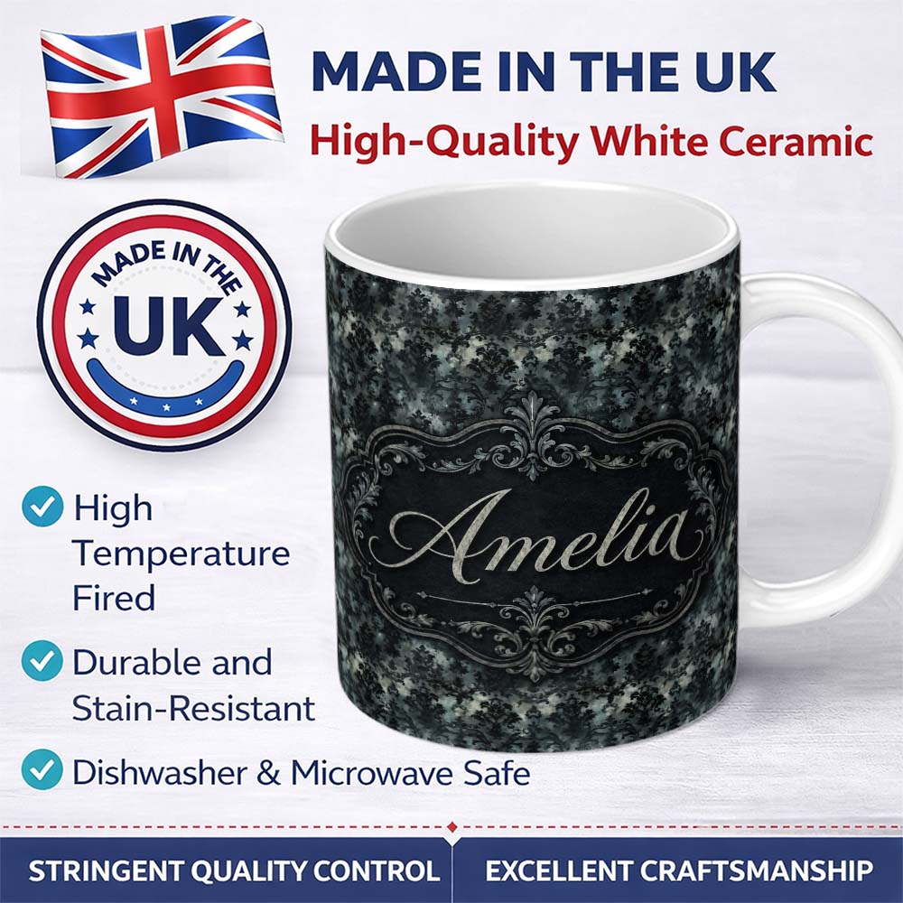 Personalized Custom Name Dark Gothic Distressed Black Damask Seamless Pattern Name Cute 11oz Ceramic Coffee Tea Mug White Large Handle