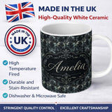 Personalized Custom Name Dark Gothic Distressed Black Damask Seamless Pattern Name Cute 11oz Ceramic Coffee Tea Mug White Large Handle