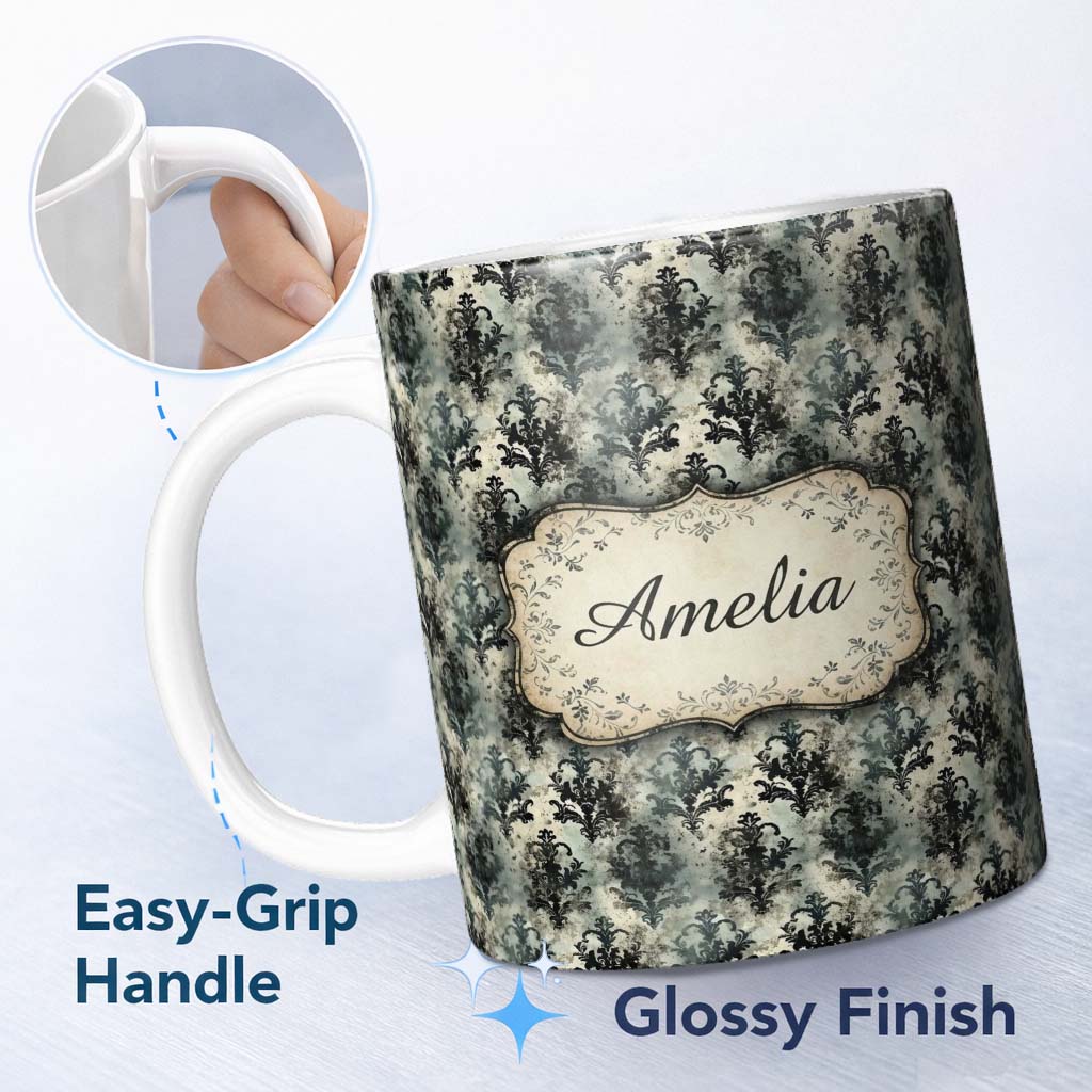 Personalized Custom Name Vintage Grunge Grey Black Ornate Damask Seamless Pattern Name Cute 11oz Ceramic Coffee Tea Mug White Large Handle