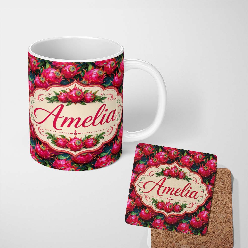 Personalized Custom Name Fresh Dragon Fruit Tropical Seamless Pattern Stylish Everyday Mug 11oz Ceramic Coffee Tea Mug White Large Handle