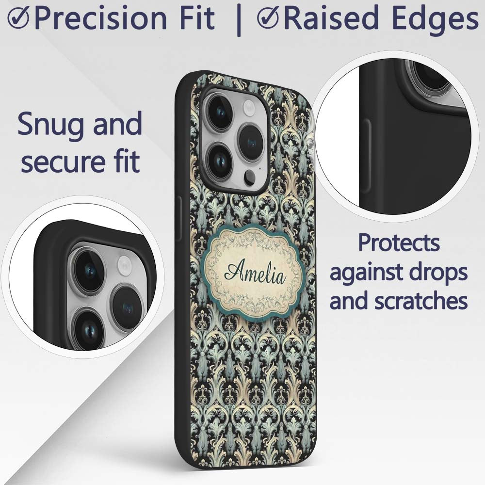 Elegant Soft Grey Blue Ornate Baroque Seamless Custom Name Protective Phone Case Mobile Cover Durable Everyday Smartphone Shock Resistant