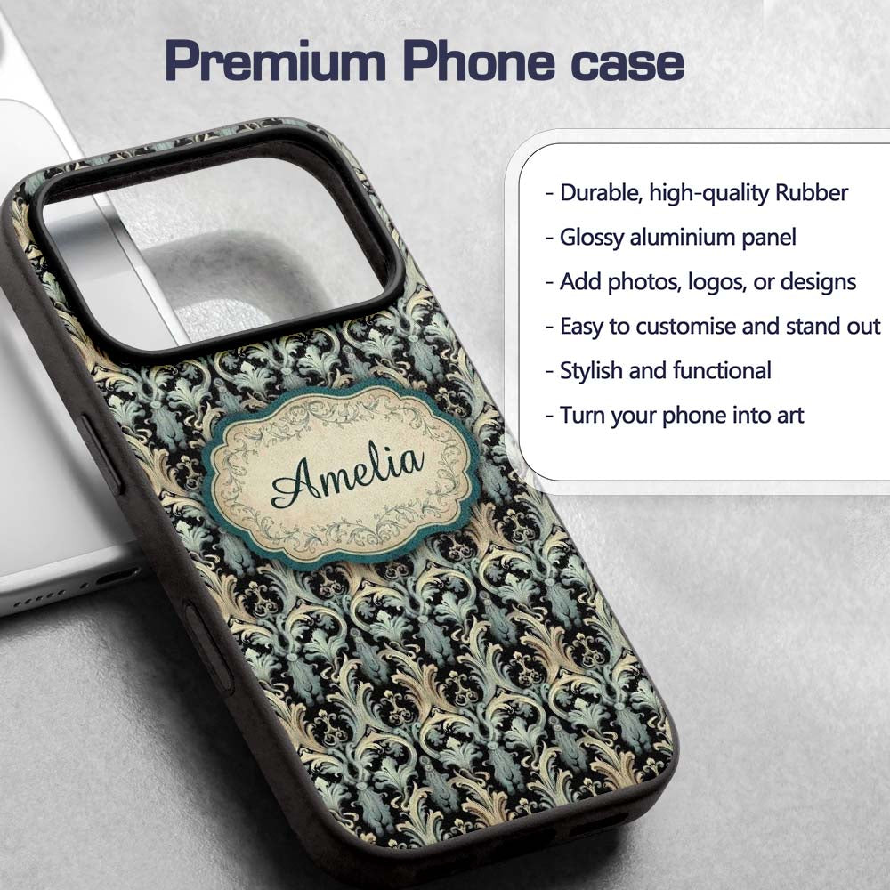 Elegant Soft Grey Blue Ornate Baroque Seamless Custom Name Protective Phone Case Mobile Cover Durable Everyday Smartphone Shock Resistant