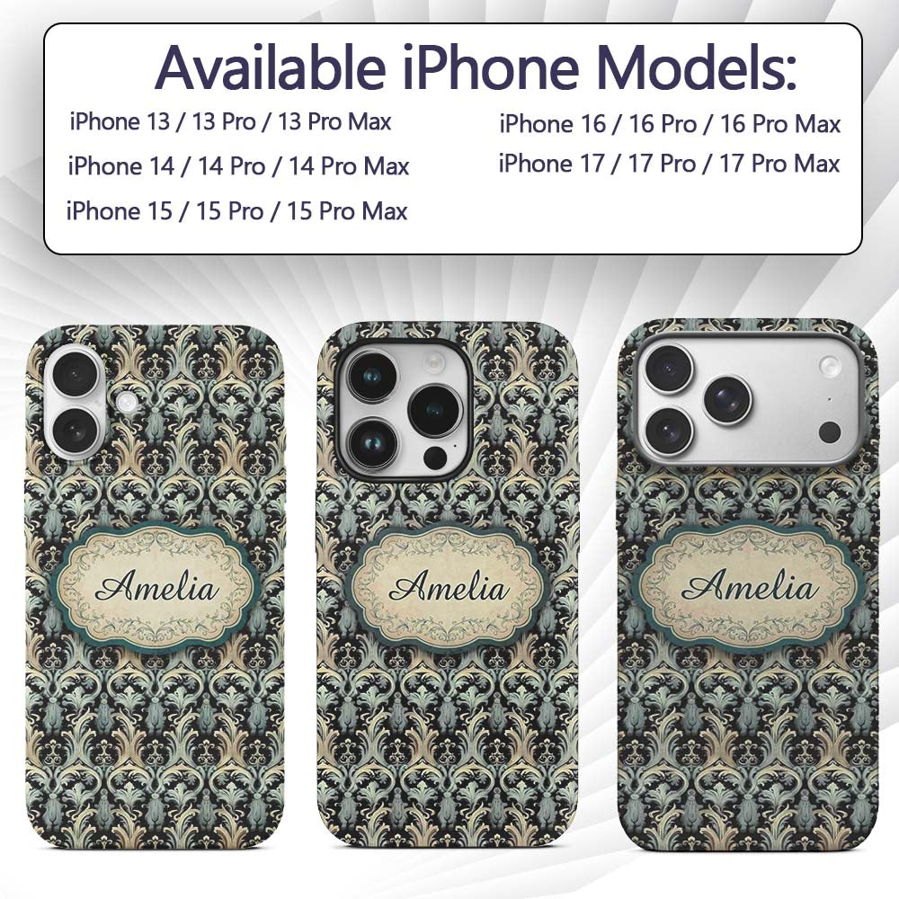 Elegant Soft Grey Blue Ornate Baroque Seamless Custom Name Protective Phone Case Mobile Cover Durable Everyday Smartphone Shock Resistant