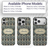 Elegant Soft Grey Blue Ornate Baroque Seamless Custom Name Protective Phone Case Mobile Cover Durable Everyday Smartphone Shock Resistant