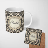 Personalized Custom Name Classic Cream Black Traditional Damask Floral Seamless Pattern Name 11oz Ceramic Coffee Tea Mug White Large Handle
