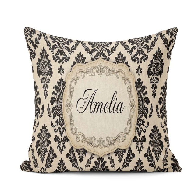Custom Name Classic Cream Black Traditional Damask Seamless Name Square Filled Cushion Throw Pillow Sofa Bed Home Decor Zip Washable UK Made
