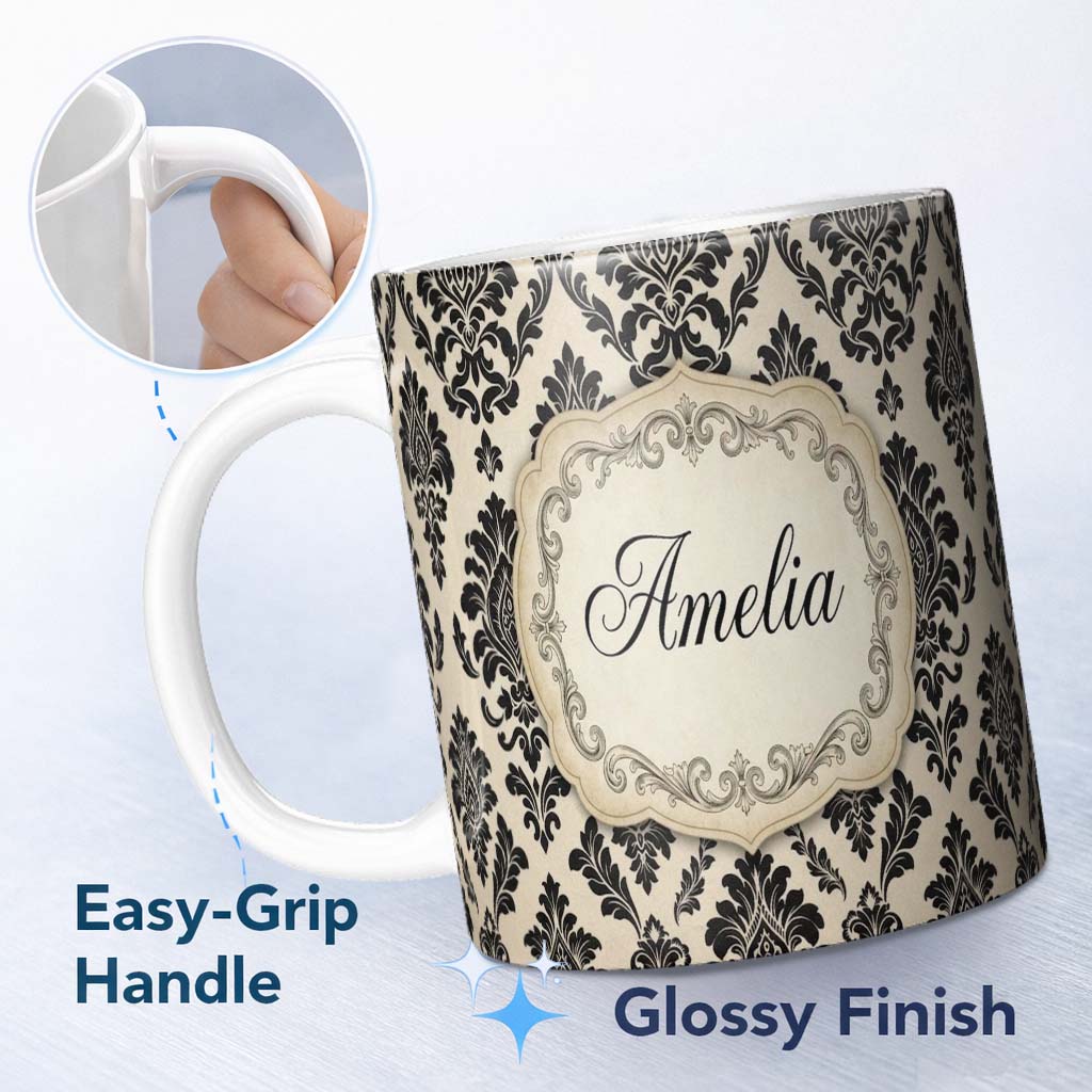Personalized Custom Name Classic Cream Black Traditional Damask Floral Seamless Pattern Name 11oz Ceramic Coffee Tea Mug White Large Handle