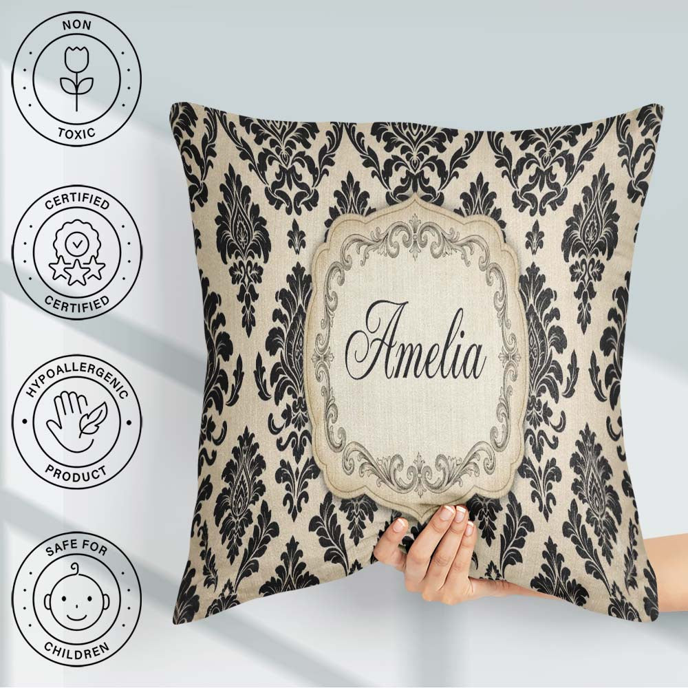 Custom Name Classic Cream Black Traditional Damask Seamless Name Square Filled Cushion Throw Pillow Sofa Bed Home Decor Zip Washable UK Made