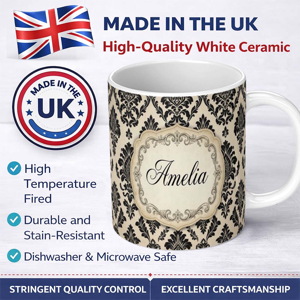 Personalized Custom Name Classic Cream Black Traditional Damask Floral Seamless Pattern Name 11oz Ceramic Coffee Tea Mug White Large Handle