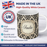 Personalized Custom Name Classic Cream Black Traditional Damask Floral Seamless Pattern Name 11oz Ceramic Coffee Tea Mug White Large Handle