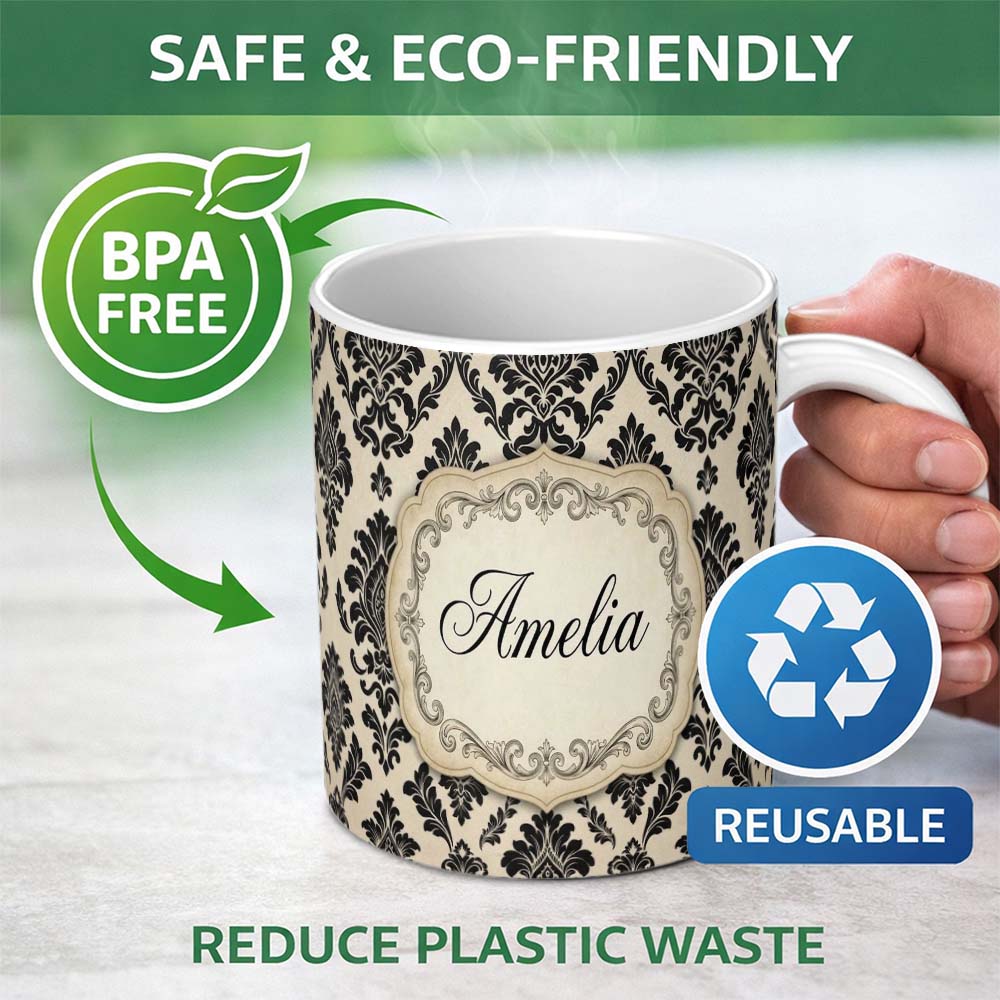 Personalized Custom Name Classic Cream Black Traditional Damask Floral Seamless Pattern Name 11oz Ceramic Coffee Tea Mug White Large Handle