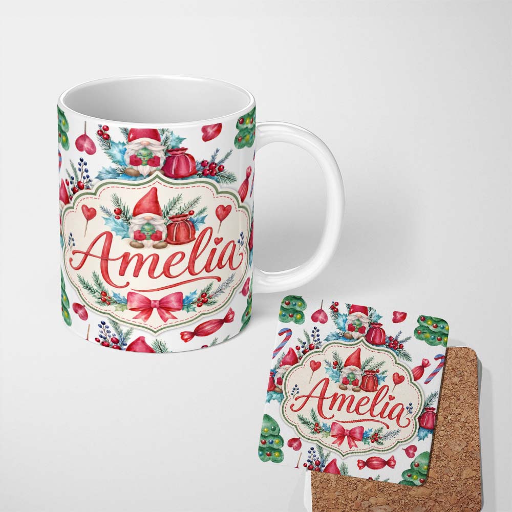 Personalized Custom Name Whimsical Christmas Gnome Tree Candy Sweet Holiday Seamless Pattern 11oz Ceramic Coffee Tea Mug White Large Handle