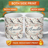 Personalized Custom Name Realistic Woodpecker Birds on Tree Branch Seamless Pattern Lovely 11oz Ceramic Coffee Tea Mug White Large Handle