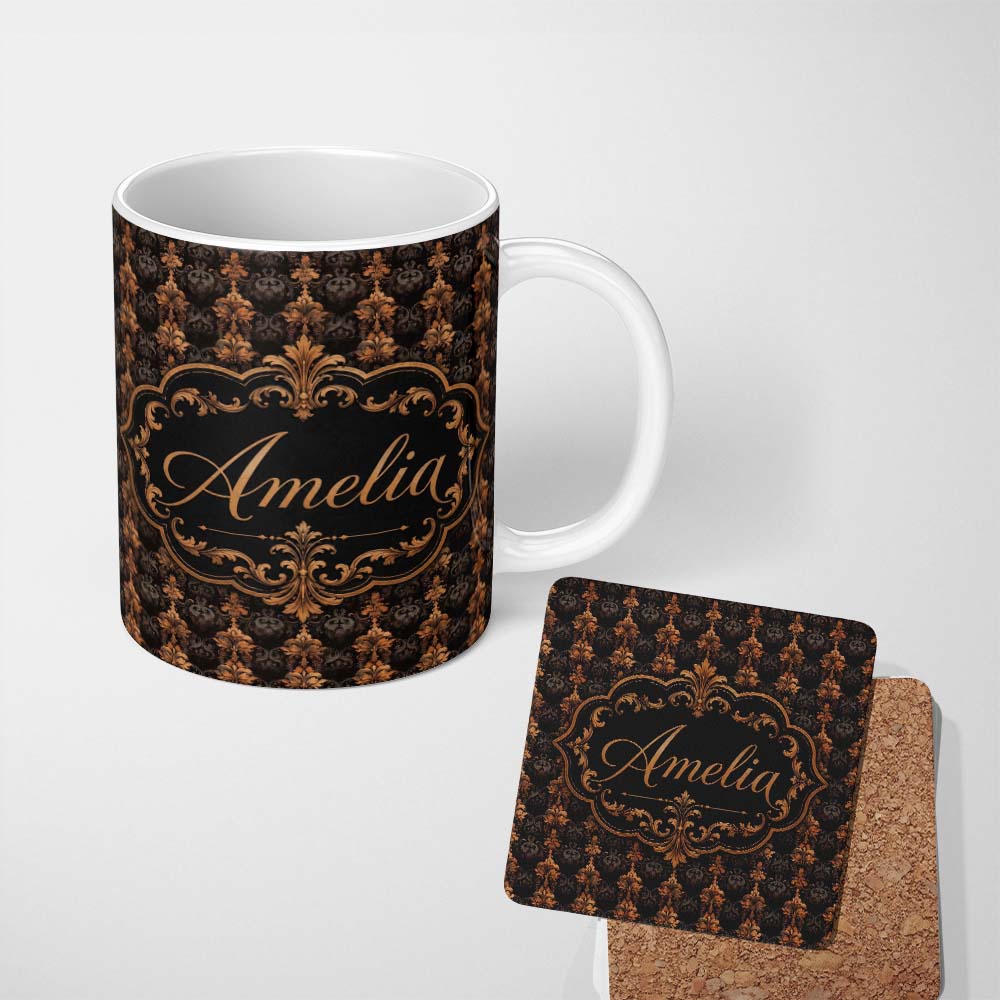 Personalized Custom Name Rich Brown Bronze Vertical Baroque Stripe Seamless Pattern Name Cute 11oz Ceramic Coffee Tea Mug White Large Handle