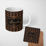 Personalized Custom Name Rich Brown Bronze Vertical Baroque Stripe Seamless Pattern Name Cute 11oz Ceramic Coffee Tea Mug White Large Handle