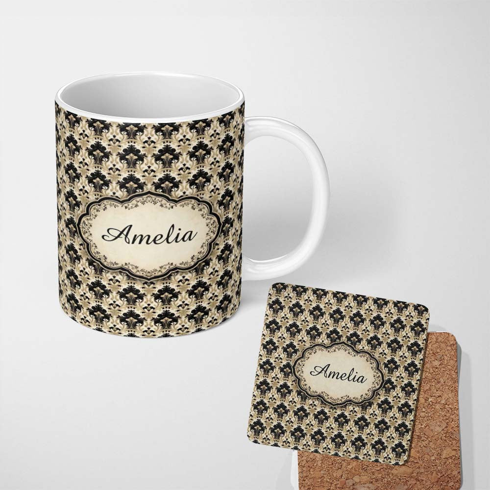 Personalized Custom Name Warm Beige Black Ornate Classic Damask Seamless Pattern Name Cute 11oz Ceramic Coffee Tea Mug White Large Handle