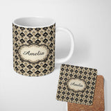 Personalized Custom Name Warm Beige Black Ornate Classic Damask Seamless Pattern Name Cute 11oz Ceramic Coffee Tea Mug White Large Handle