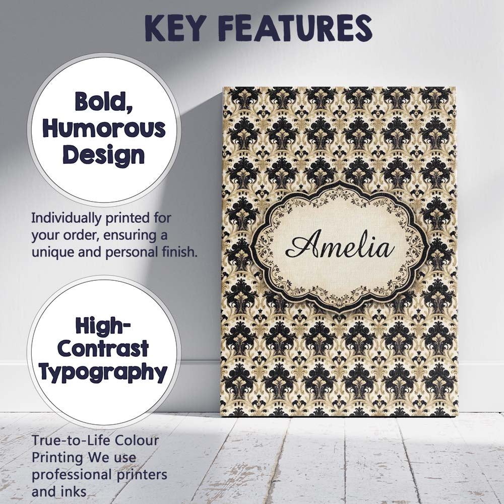 Personalised Name Warm Beige Black Ornate Custom  Unique Gift Idea Elegant Feature Canvas Wall Art Print Decor Picture Ready to Hang