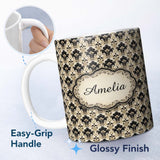 Personalized Custom Name Warm Beige Black Ornate Classic Damask Seamless Pattern Name Cute 11oz Ceramic Coffee Tea Mug White Large Handle