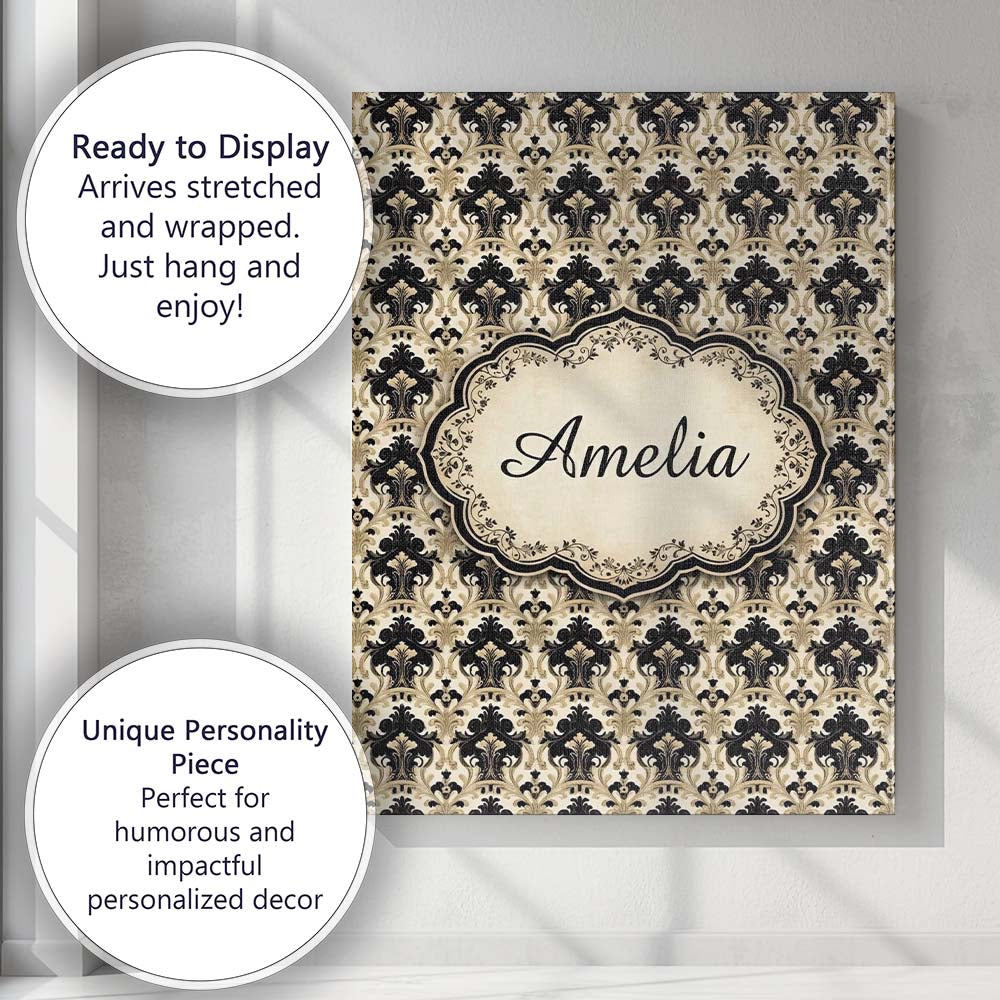Personalised Name Warm Beige Black Ornate Custom  Unique Gift Idea Elegant Feature Canvas Wall Art Print Decor Picture Ready to Hang