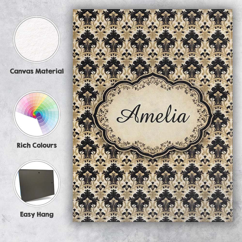 Personalised Name Warm Beige Black Ornate Custom  Unique Gift Idea Elegant Feature Canvas Wall Art Print Decor Picture Ready to Hang