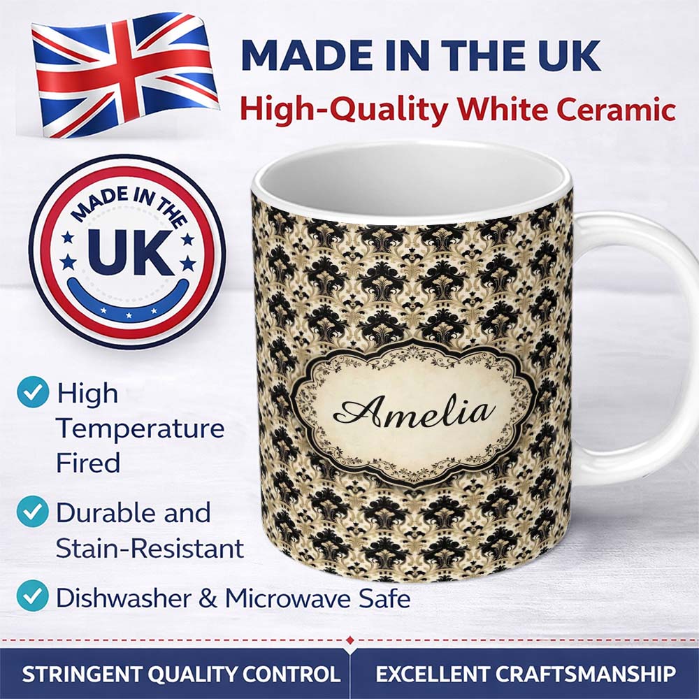 Personalized Custom Name Warm Beige Black Ornate Classic Damask Seamless Pattern Name Cute 11oz Ceramic Coffee Tea Mug White Large Handle