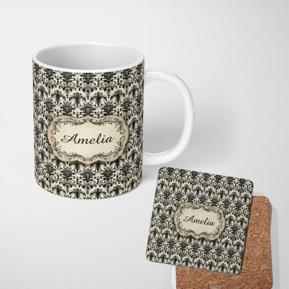 Personalized Custom Name Antique Ivory Black Detailed Baroque Floral Seamless Pattern Name 11oz Ceramic Coffee Tea Mug White Large Handle