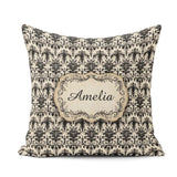 Custom Name Antique Ivory Black Detailed Baroque Floral Seamless Square Filled Cushion Throw Pillow Sofa Bed Home Decor Zip Washable UK Made